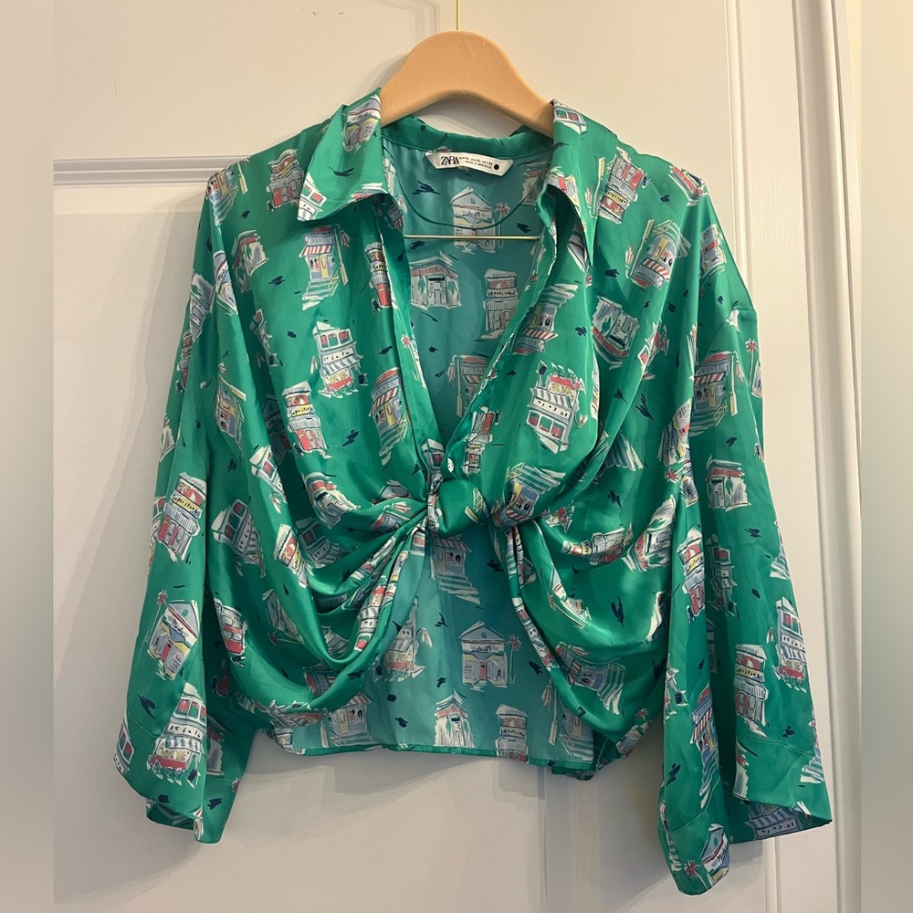 Zara Green Printed Satin Top